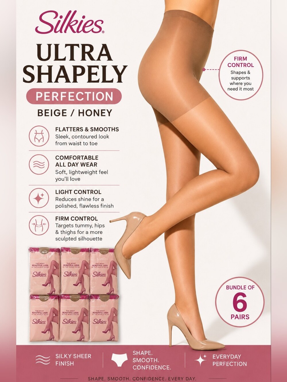 Silkies Ultra Shapely Perfection Firm Control Pantyhose Bundle of 6